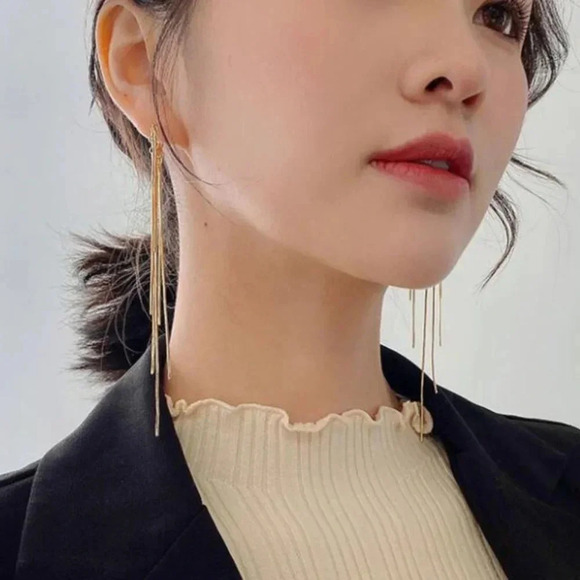 Gold Long Tassel Drop Huggie Hoop Earrings - Picture 2 of 4